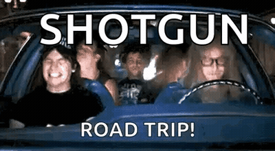 A Group Of People Are Sitting In A Car With The Words `` Shotgun Road Trip '' Written On The Screen . GIF