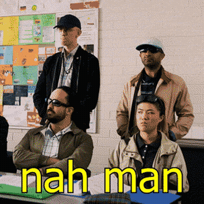 A Group Of People Are Sitting In A Classroom With The Words Nah Man Written In Yellow GIF