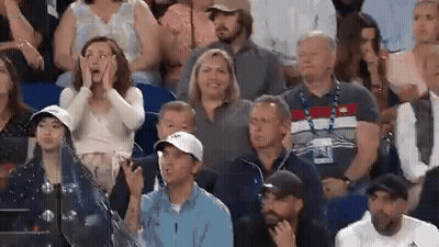 A Group Of People Are Sitting In A Stadium Watching A Tennis Match And A Woman Is Covering Her Face With Her Hands . GIF
