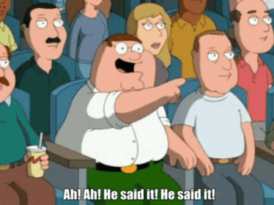 A Group Of People Are Sitting In A Theater Watching A Family Guy Movie And Peter Griffin Is Pointing At Something . GIF