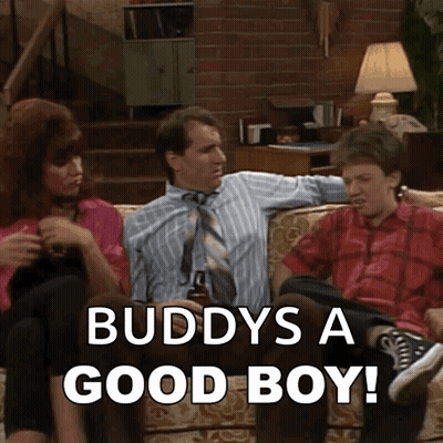 A Group Of People Are Sitting On A Couch With The Words Buddy 'S A Good Boy GIF