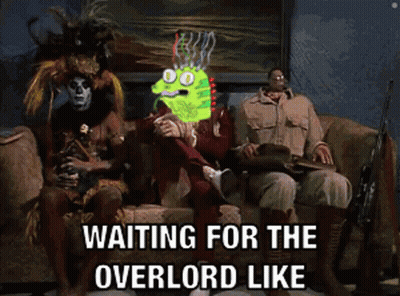 A Group Of People Are Sitting On A Couch With The Words Waiting For The Overlord Like GIF