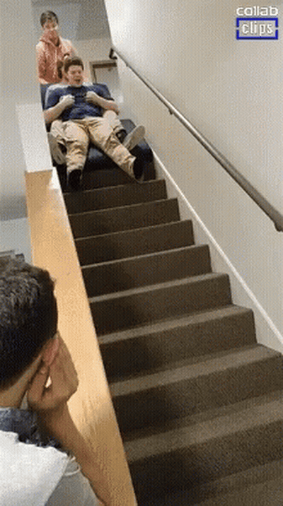 A Group Of People Are Sitting On A Slide Down A Set Of Stairs With The Words Collab Clips Above Them GIF