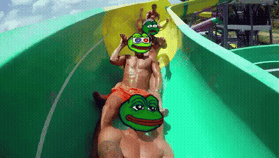 A Group Of People Are Sliding Down A Water Slide With Frogs On Their Faces GIF
