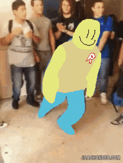 A Group Of People Are Standing Around A Drawing Of A Man With A Smiley Face On His Shirt GIF