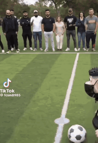 A Group Of People Are Standing Around A Soccer Ball On A Field With Tiktok Written On The Bottom GIF