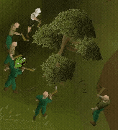 A Group Of People Are Standing Around A Tree With The Words " Shill " Written On The Bottom GIF