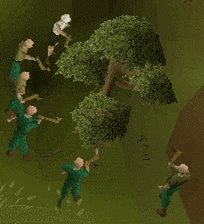 A Group Of People Are Standing Around A Tree With The Words " Shill " Written On The Bottom GIF