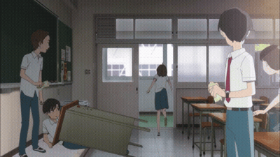A Group Of People Are Standing In A Classroom With A Blackboard That Says ' I 'M Sorry ' On It GIF