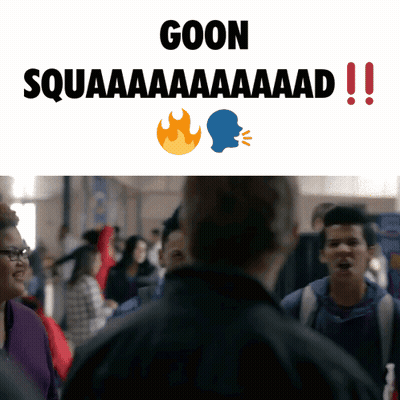 A Group Of People Are Standing In A Crowd With The Words Goon Squaaaaaaaaad !! Above Them GIF