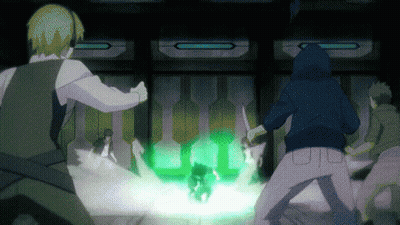 A Group Of People Are Standing In A Dark Room With A Green Light Coming Out Of A Doorway GIF