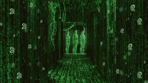 A Group Of People Are Standing In A Hallway Surrounded By A Matrix Background . GIF