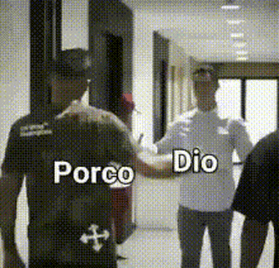 A Group Of People Are Standing In A Hallway With The Words Porco Dio Written On The Bottom Of The Image . GIF