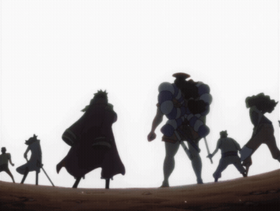 A Group Of People Are Standing In A Line With One Holding A Sword GIF