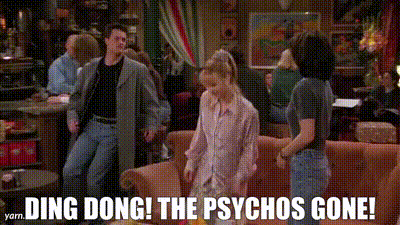 A Group Of People Are Standing In A Living Room With The Words Ding Dong The Psychos Gone GIF