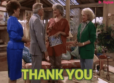 A Group Of People Are Standing In A Living Room With The Words Thank You Written In Green GIF