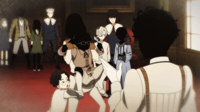 A Group Of People Are Standing In A Room And One Has A Mask On GIF