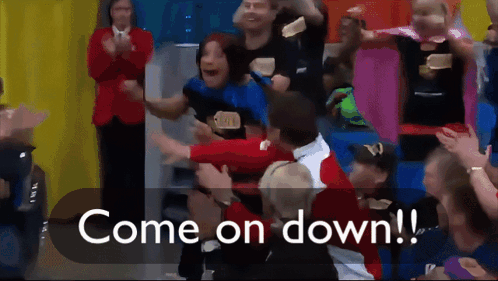 A Group Of People Are Standing In A Room With The Words Come On Down Written On The Bottom GIF