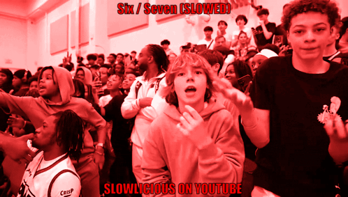 A Group Of People Are Standing In A Room With The Words Six / Seven Slowed Slowlycious On Youtube GIF