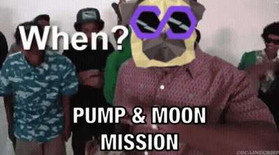 A Group Of People Are Standing In A Room With The Words " When Pump & Moon Mission " On The Bottom GIF