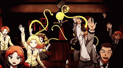 A Group Of People Are Standing In A Room With Their Hands In The Air And A Man Is Standing In The Middle Of The Room . GIF