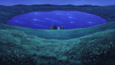 A Group Of People Are Standing In Front Of A Blue Lake GIF