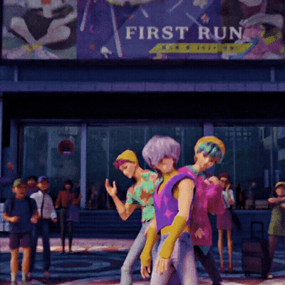 A Group Of People Are Standing In Front Of A First Run Sign GIF