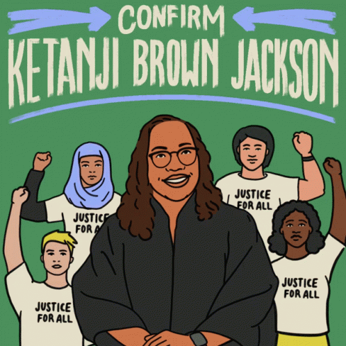 A Group Of People Are Standing In Front Of A Green Sign That Says Confirm Ketani Brown Jackson GIF
