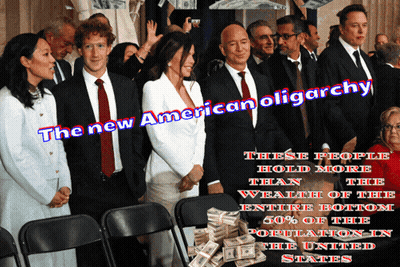 A Group Of People Are Standing In Front Of A Pile Of Money With The Caption " The New American Oligarchy " GIF