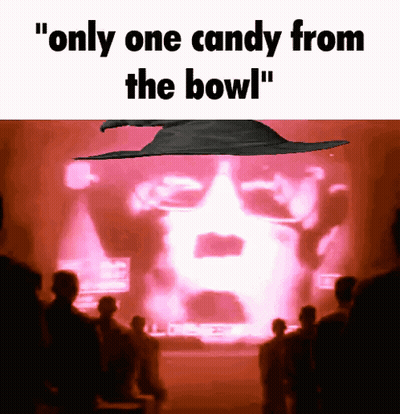 A Group Of People Are Standing In Front Of A Screen That Says Only One Candy From The Bowl GIF
