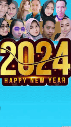 A Group Of People Are Standing In Front Of A Sign That Says Happy New Year 2024 GIF