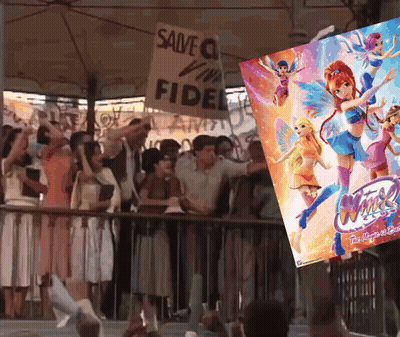 A Group Of People Are Standing In Front Of A Sign That Says Save A Virgin Fidel GIF