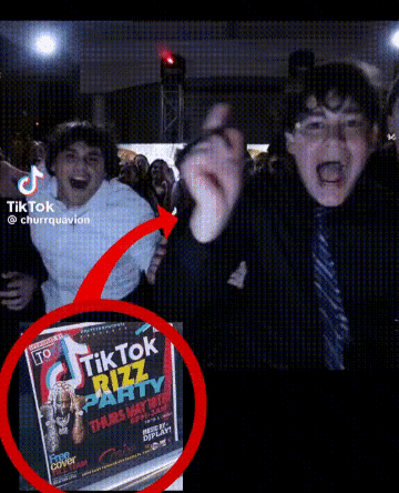 A Group Of People Are Standing In Front Of A Sign That Says Tiktok Rizz Party GIF