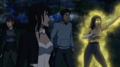 A Group Of People Are Standing Next To Each Other And One Of Them Is Glowing Yellow GIF