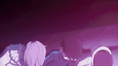 A Group Of People Are Standing Next To Each Other In A Dark Room In A Purple Background . GIF