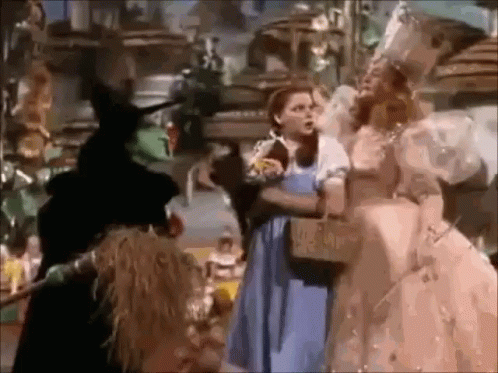 A Group Of People Are Standing Next To Each Other In A Room In The Wizard Of Oz . GIF