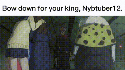 A Group Of People Are Standing Next To Each Other In A Room With A Cartoon Character Standing In The Background . GIF