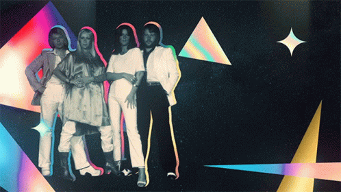 A Group Of People Are Standing Next To Each Other In Front Of A Colorful Background GIF