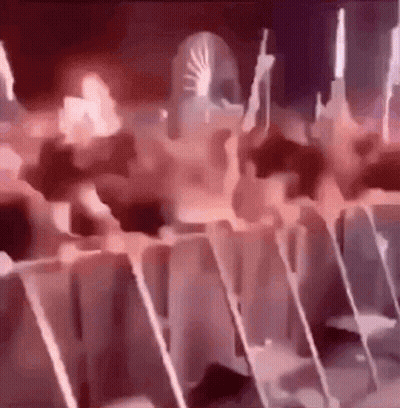 A Group Of People Are Standing Next To Each Other On A Stage In Front Of A Castle . GIF