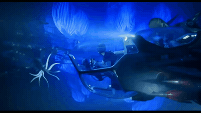 A Group Of People Are Swimming In An Aquarium With Sharks And Other Fish GIF