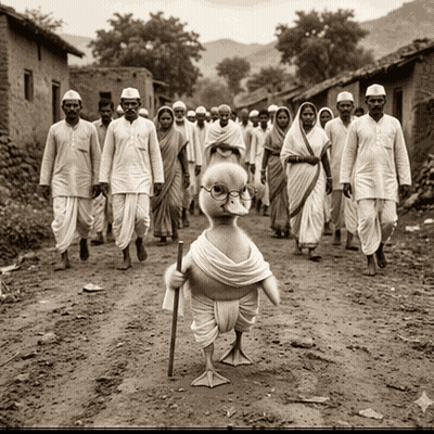 A Group Of People Are Walking Down A Dirt Road With A Duck In The Middle GIF
