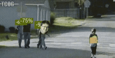 A Group Of People Are Walking Down A Street With A Sign That Says -75 % On It GIF
