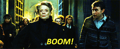 A Group Of People Are Walking In A Dark Room With The Words Boom Written In Yellow GIF