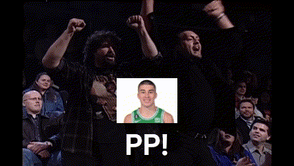 A Group Of People Are Watching A Basketball Game And One Of Them Is Wearing A Green Jersey That Says Pp ! GIF