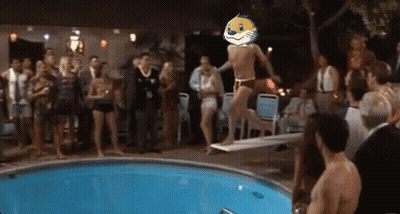 A Group Of People Are Watching A Man Jump Into A Swimming Pool With A Mascot On His Head GIF