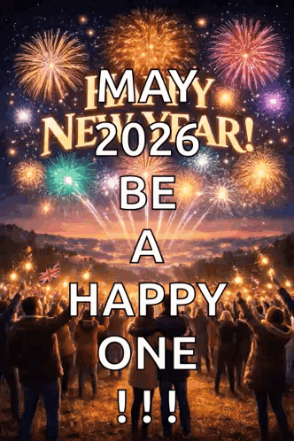 A Group Of People Are Watching Fireworks With The Words " May New Year Be A Happy One " GIF