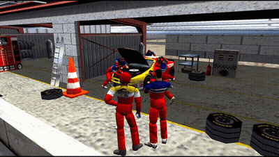 A Group Of People Are Working On A Race Car In A Garage With Good Year Tires GIF