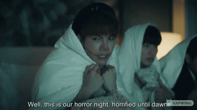 A Group Of People Are Wrapped In Blankets And One Of Them Says Well This Is Our Horror Night Horified Until Dawn GIF