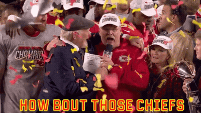 A Group Of People Celebrating With The Words How Bout Those Chiefs Written Above Them GIF