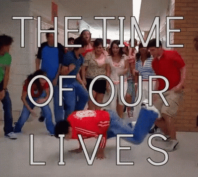 a group of people dancing in a hallway with the words " the time of our lives "